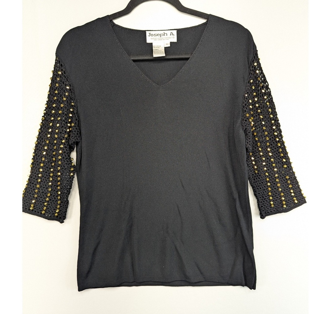 Joseph A Mens XL Black V-Neck Knit Top Gold Beaded Crochet 3/4 Sleeves RN88654